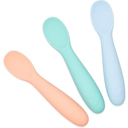 WeeSprout Baby Spoons for Self Feeding 6 Months +, Soft &amp; Durable Silicone Utensils for Sensitive Gums &amp; Teeth, Easy Grip Handles &amp; Shorter Length for Little Hands, 3 Pack + Carrying Case