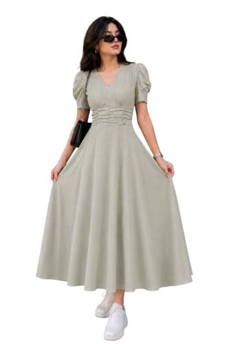 Image of Preneum Girl's & Women's Solid Color V-Neck A-Line Maxi Dress for Women | New Year Party Outfit | Waist Cinched Puff Sleeve Western | Elegant Casual Wear (Availble in Plus Size)