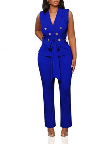 Womens 2 Piece Outfits Pants Suit V Neck Tie Waist Blazer Vest and Straight Pants Sets Business Casual Suits