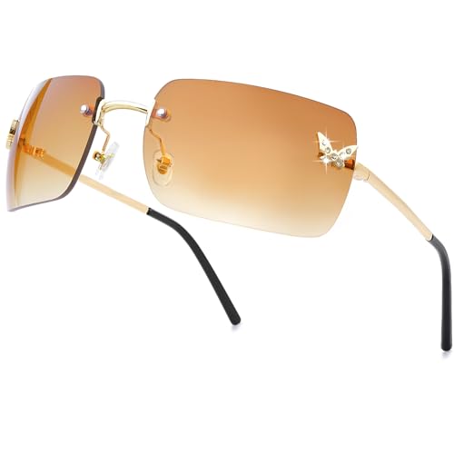 knliwkm Rimless Rectangle Y2k Sunglasses for Women Men Cute Small Clear Frameless Tinted Lens 2000S Fashion Shades Butterfly