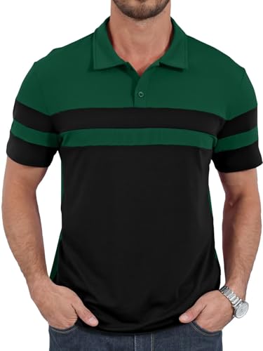 Image of Remxi Mens Polo Shirts Short Sleeve Contrast Color T Shirt Lightweight Casual Striped Golf Shirts Blackgreen 2XL