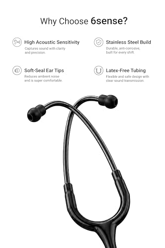 Image of Knya 6sense Stethoscope for Doctors & Residents | Tunable Diaphragm | Dual-Head Chest Piece for Adult & Pediatric Use | Lightweight Stainless Steel | Latex-Free Tubing | Soft-Seal Ear Tips | Premium Gift Box | for Medical Students (All Black)