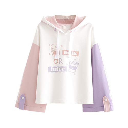 Leuke Hoodies voor Tiener Meisjes Japanse Stijl Gedrukt Colorblock Pullover Sweatshirt Lange Mouw Tops Hooded, Wit, S