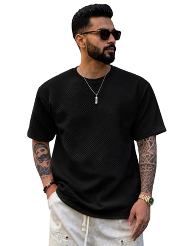 Image of GRECIILOOKS Oversized T Shirt for Men |Summer T-Shirt for Man | Men's Textured Knit Tshirts Summer Casual Round Neck Tee - Lightweight Short Sleeve Streetwear Fashion Trendy Everyday Wear