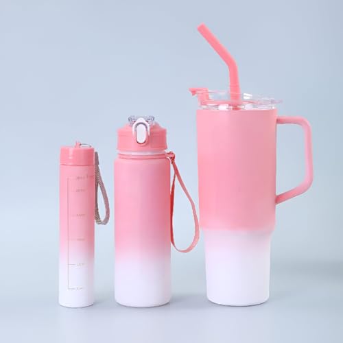 Image of Large Handle Water Bottle with Straw for Desk, Office, Travel - 1200 /900 /300 ML Gradient & Matte Hydration Bottle Set (Pink)
