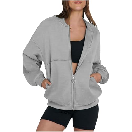 YMAMIYO Zip Up Jackets For Women No Hood Casual Long Sleeve Sweatshirts Fleece Lined Fall Winter Coat Outerwear With Pockets Grey - image 2