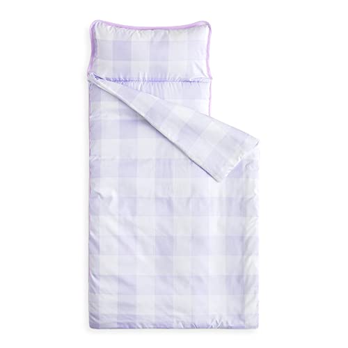 Wake In Cloud - Toddler Nap Mat with Pillow and Blanket, for Kids Boys Girls Ages 3 Plus in Kindergarten Daycare Preschool, Roll Up Sleeping Bag, Gingham Plaid Grid, Purple White, Extra Long
