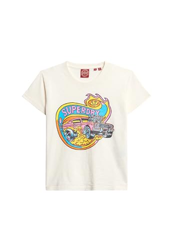 Superdry Damen Figurbetontes T-Shirt mit neonfarbener Motorrad-Grafik Cremefarben Strukturiert 40