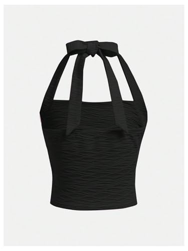 OYOANGLE Girl's Textured Bow Halter Top Summer Sleeveless Slim Fitted Tops2