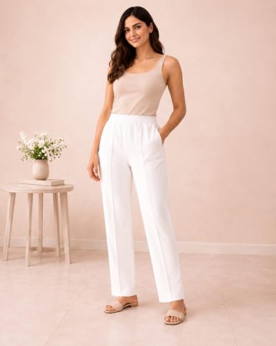 Image of Women's Mid Rise Wide Leg Trousers with Elastic Waist & Pockets