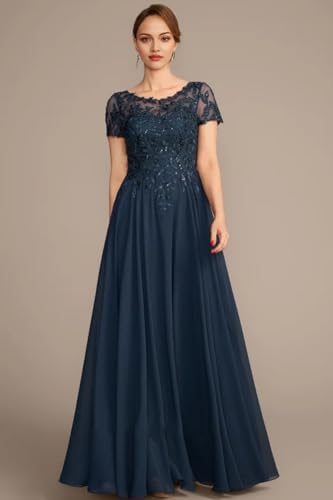 Lace Applique Mother of The Bride Dresses for Women Sparkly Sequin Maxi Formal Dress Short Sleeve Wedding Guest Dresses3
