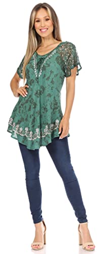 Image of Sakkas Ash Speckled Tiedye Embroidered Cap Sleeve Blouse Top with Embroidery Hems
