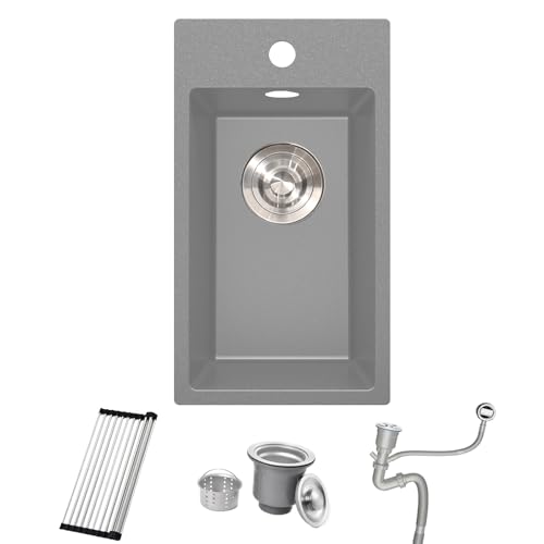 Bokaiya Evier Cuisine en Granit Gris 28x50cm, Lavabo 1 bac, Évier à Encastrer al Mueble 30cm, avec Bonde et Kit de Trop-Plein, Grille Enroulable et Siphon