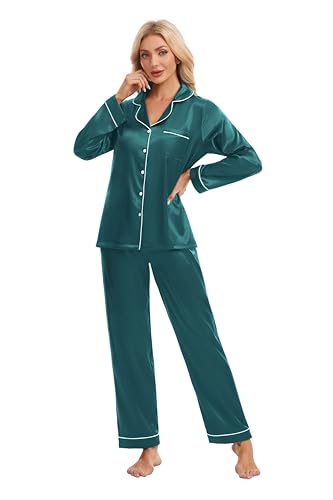 Devirld Women's Classic Long Sleeve Satin Pajamas Set Button Down Silky Sleepwear 2 Piece Lounge Set Pj Set with Notch Collar Blue Green - image 4