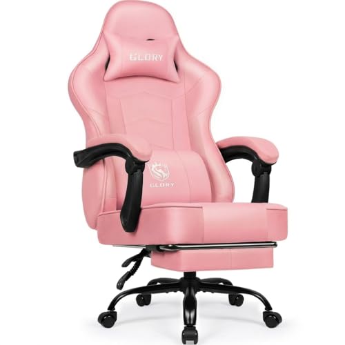 minnouat Gaming Stuhl Ergonomischer mit Fußstütze, Gamer Stuhl 150 kg Belastbarkeit, Gaming Chair Bürostuhl aus Kunstleder, 360° leise Rollen, PC Zockerstuhl für Jugendliche Erwachsene, Hellrosa