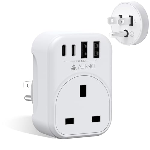 AUNNO UK to US Plug Adaptor, 20W Grounded USA Adapter with 2 USB Ports and 2 USB-C Ports, 5 in 1 Adapter for US Canada Mexico Thailand etc (Type B)