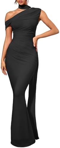 Women's One Shoulder Formal Evening Gown Built-in Bra Ribbon Eleg...