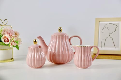 YBK Tech Euro-Style Porcelain Tea Set: Ceramic Teapot, Milk Jug, and Sugar Bowl (Pink) - Elegant and Stylish - Image 2
