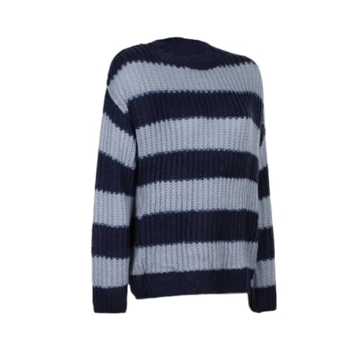 Autumn/Winter Striped Medium length Sweater, Suitable for Girls, Long Sleeve Round Neck Casual Loose Hoodie, Blue3