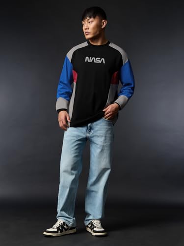Image of The Souled Store NASA Mission Men and Boys Long Sleeve Round Neck Black Colour Block Casual Lightweight Drop Shoulder Streetwear Trendy Oversized Full Sleeve T-Shirts