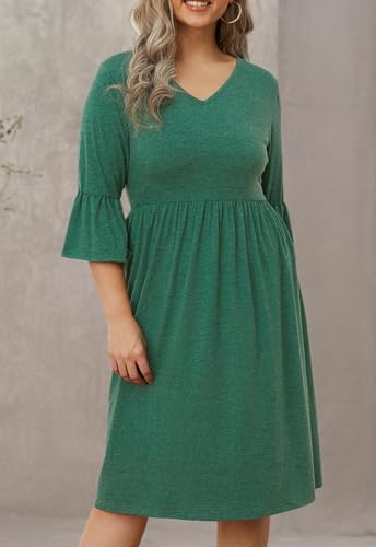 Image of Women's Plus Size 3 /4 Sleeve Casual Dress V Neck Spring Summer Tshirt Empire Waist Ruffle Midi Dresses