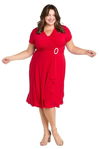 Image of R&M Richards Women's Cascade Wrap Dress with V-Neck & O-Ring Rhinestone Buckle, Work to Weekend Short Sleeve Flowy Silhouette