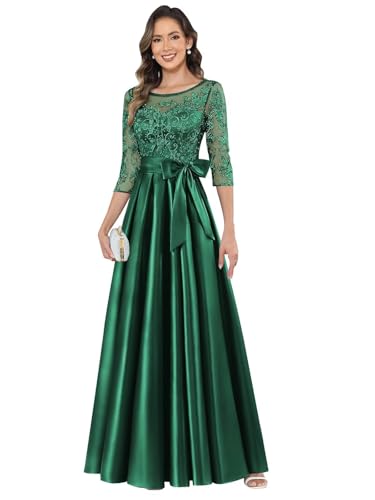 BANTRATIC Women's Floor Length Mother of The Bride Dress for Wedding Satin Lace Formal Evening Prom Gowns with Pockets Belt