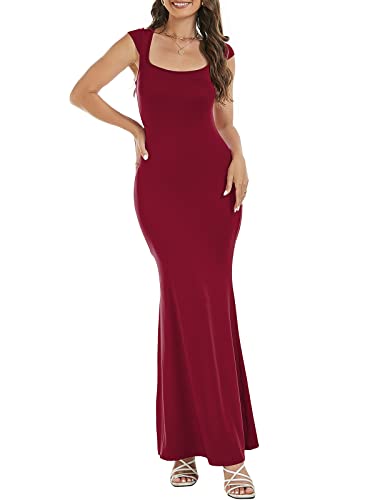 Image of Womens Summer Cap Sleeve Square Neck Elegant Casual Lounge Bodycon Slim Maxi Evening Party Long Dress