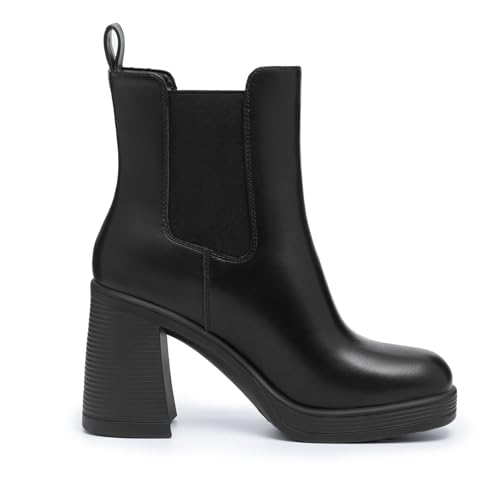Athlefit Women's Chelsea Platform Boots High Chunky Heel Square Toe Boots Fashion Slip On Elastic Heeled Ankle Booties2