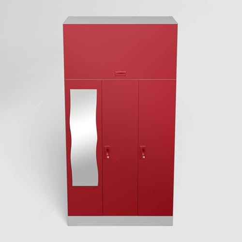 Image of Interio by Godrej Almirah Slimline 3-Door Steel Almirah, Cupboard for Clothes (Royal Ivory and Baked Apple), 1-Year Warranty, 6 Shelves, 1 Locker, 2 Drawers, Overhead Unit, Curvilinear Mirror