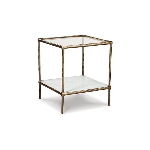 Signature Design by Ashley Ryandale Square Accent Table for Living Room, Sand‑Casted Aluminum Frame With Brass Finish, Glass Top and White Marble Shelf, 21" Size
