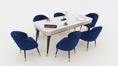 Image of WOODEN SPACE 6-Seater Wooden Dining Table Set | Nano Composite Marble Top | Solid Wood Base | Modern Dining Room Furniture with 6 Chairs (Navy Blue)