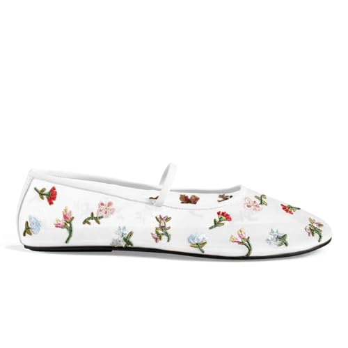 Image of Mesh Ballet Flats for Women Embroidered Floral Mary Jane Flats Comfortable Casual Daily Dress Ballerina Shoes