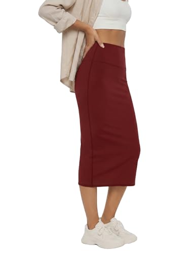 Image of Rooscier Women's High Waisted Pencil Midi Skirt | Stretchy Bodycon Knee Length Skirts with Back Slit