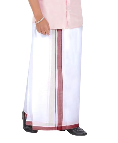 Cotton Dhotis for Men with Gold Zari Border | White Adjustable Dhoti with Pocket | Cotton Vesti Mundu (Cherry, Single Layer / 4 Mulam)