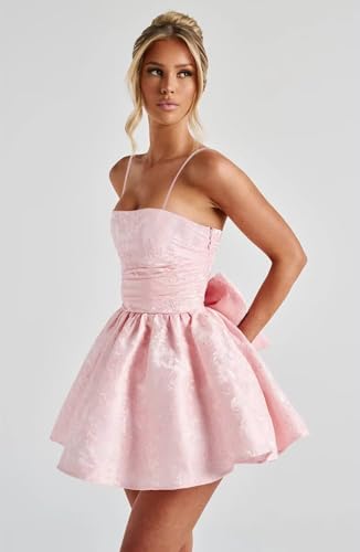GUKARLEED Jacquard Satin Homecoming Dresses for Teens with Bow Puffy Spaghetti Straps Mini HOCO Dress A-line Short Prom Dress4