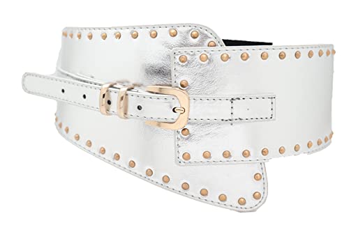 Women Fashion Gold Studs Buckle Western Belt Wide Faux Leather Elastic Silver S