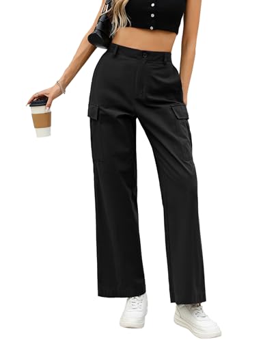 Demegimi Senderismo Mujer Pantalones Pantalones Ancho Mujer de Cintura Alta Casual Sueltos Pantalones Rectos con Cordón con Bolsillos Ligeros y Cómodos(Negro,S)