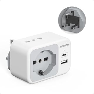 TESSAN Adattatore Presa Inglese con USB C e USB A, 5 in 1 Adattatori Prese Inglesi, Adattatore UK 3250 W, Presa Inglese per Regno Unito, Irlanda, Scozia, Singapore, Tipo G