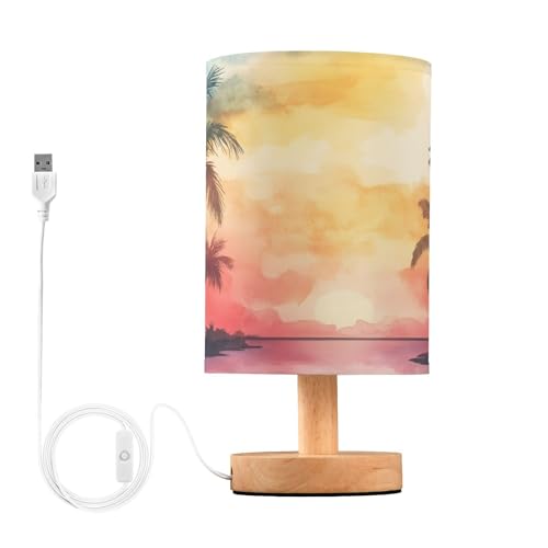 Ttgoth Seaside Palm Tree Bedside Table Lamp for Bedroom Small Nightstand Lamp LED Desk Lamp with USB Ports and Fabric Shade for Living Room, Dorm, Home, Office