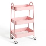 NEWBULIG 3-Tier Metal Rolling Cart with Lockable Wheels, Heavy Duty Mobile Utility Storage Shelf, Roller Book Snack Cart, Organization for Livingroom, Bathroom, Office, Pink