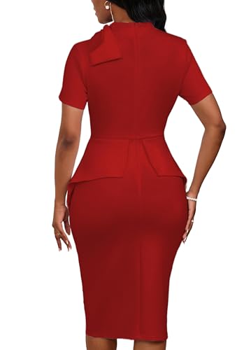 Image of PerZeal Women's Fashion Peplum Bodycon Short Sleeve Work Dresses Bow Club Ruffle Pencil Formal Cocktail Dress