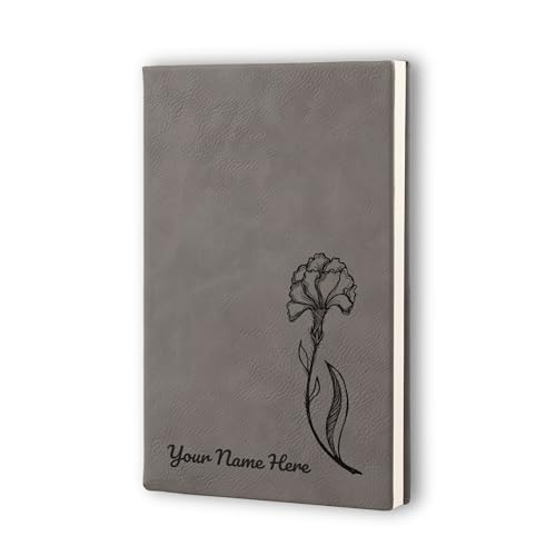 Personalized Gift Hardcover Leather Journal, Diary, Sketchbook, Notebook, custom cover original art birthflower 12 design, custom laser engraved text, 7 colors (Grey, Lined or Blank)