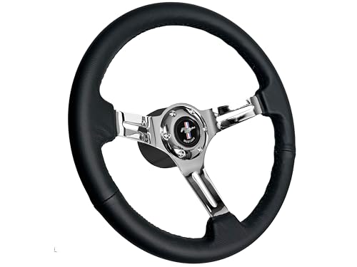 Volante S6 Sport Black Leather Steering Wheel Kit with Pony Emblem Compatible with 1968-1978 Ford Mustang