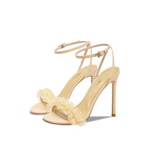 Image of Women's 3.9IN High Heel Sandals Open Toe Strappy Slingback with Lace Flower Detail - Stiletto Heel Summer Dress Shoes for Wedding /Party