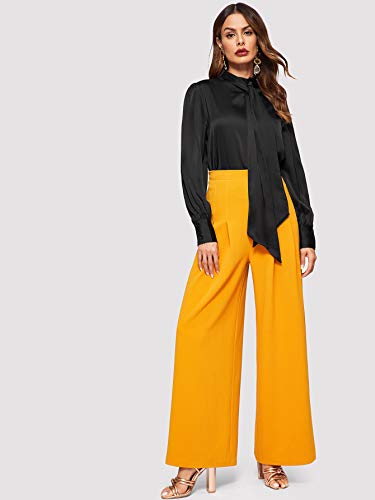 Romwe Women's Satin Bishop Sleeve Bow Tie Neck Casual Office Work Blouse Shirts Tops Black L