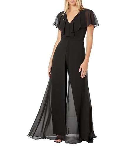 Image of Adrianna Papell Stretch Jersey Jumpsuit with Chiffon Overlay, Black, 10