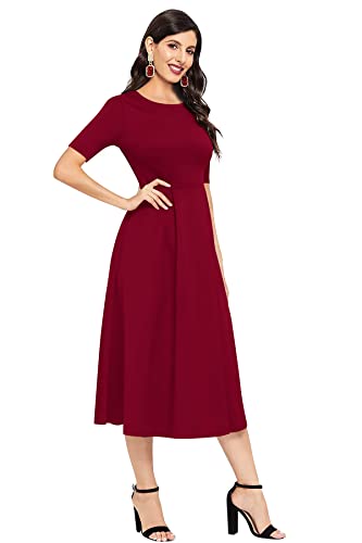Image of LONDON BELLY Women's Regular Fit Polyester Blend Midi Flare Dress with Round Neck 3 /4 Sleeves Calf Length Solid Pattern and Pull On Closure Type |One Piece Dress for Women