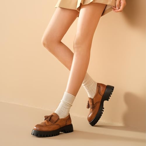 Image of BEAU TODAY Chunky Loafers for Women, Women's Leather Platform Loafers, Lug Sole Tassel Slip On Loafers Shoes Brogues Wingtip Casual Business Shoes Comfortable Dressy