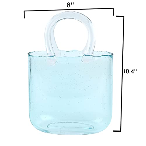 Oleek Purse Vase For Flowers (Handmade) Blue Glass Bag Vase -10 Inches- Clear, Cool & Cute Vase For Centerpieces & Fish Bowl - Handbag Unique Flower Vase Decorative - Wide Mouth Bubble Vase For Décor #TOP2